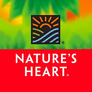 logo da marca nature's heart em branco no fundo vermelho e ilustração de folhagens acima