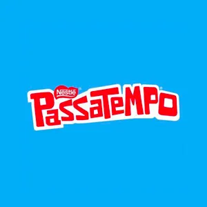 logo da marca passatempo em vermelho no fundo azul